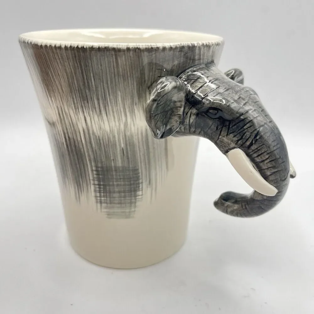 Pier 1 Ceramic Handpainted Stoneware Elephant Coffee Cup Mug Face Handle Large